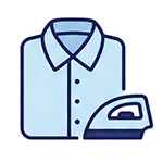 Icon of a neatly folded light blue dress shirt with a collar and buttons, next to an iron, representing ironing or laundry services.