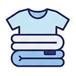 Illustration of a neatly folded light blue t-shirt on top of two folded towels or clothing items, all in varying shades of blue.