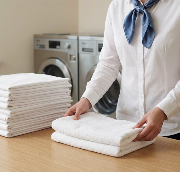 Person folding white towels on a wooden table, with two stacks of towels and washing machines in the background.