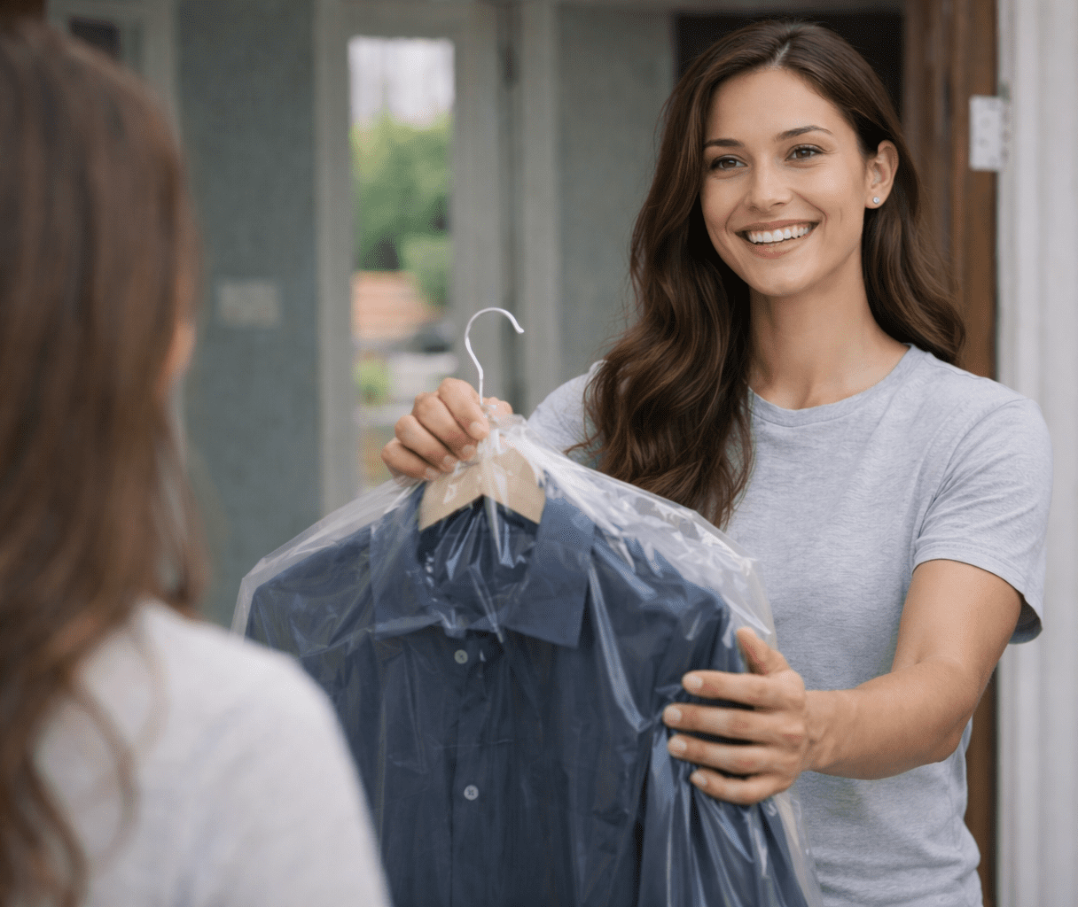 A woman in a gray t-shirt smiles while handing a freshly dry-cleaned shirt on a hanger to another person.
