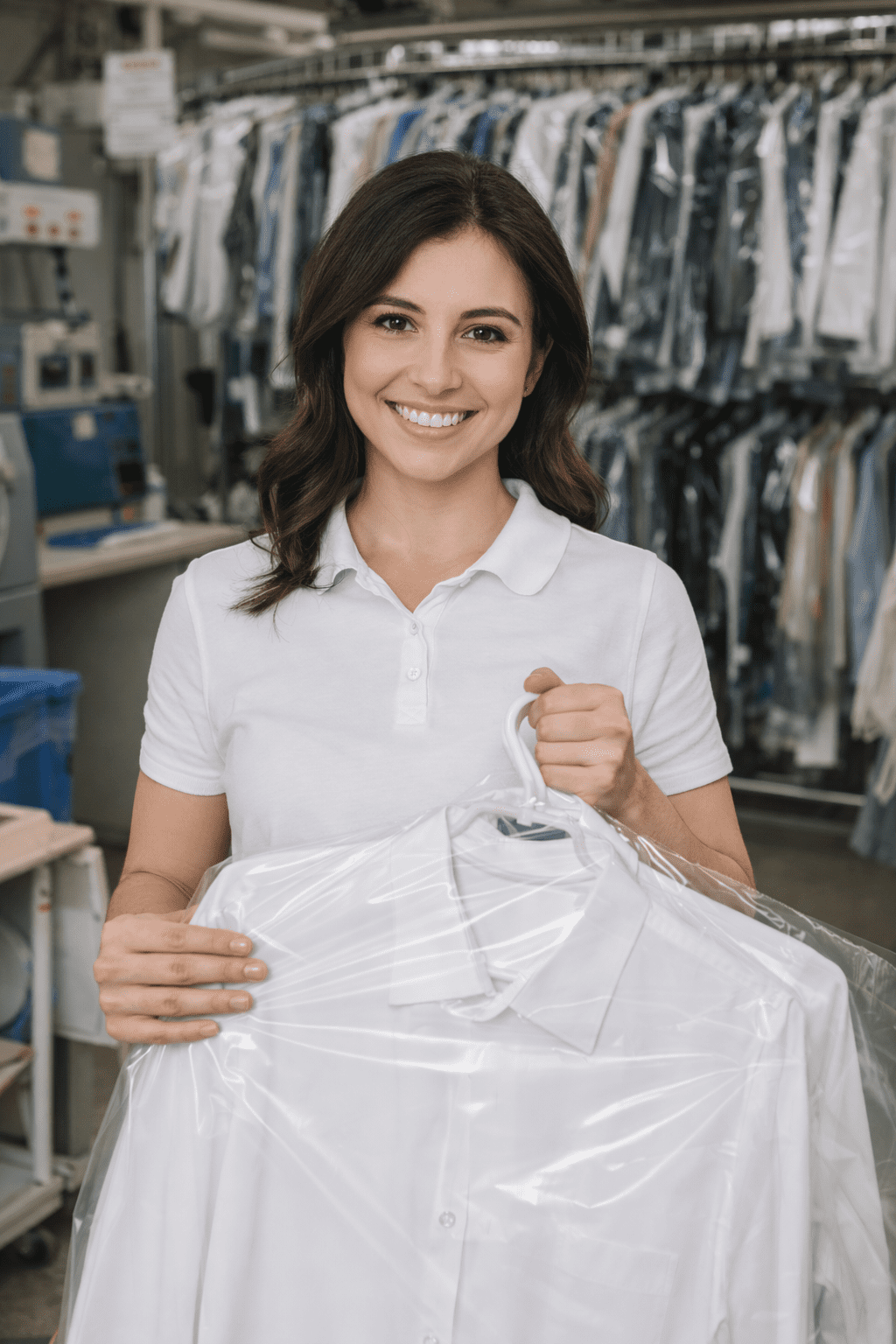 Woman in a white polo shirt holding freshly cleaned, plastic-covered shirts in a dry cleaning shop, with clothing racks visible in the background.