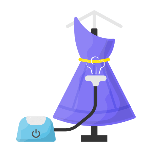 Illustration of a blue garment steamer being used to steam a purple dress on a dress form.