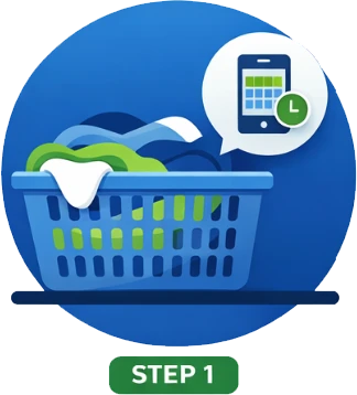 A laundry basket filled with clothes sits below an icon of a smartphone with a clock, indicating step 1 of a process.