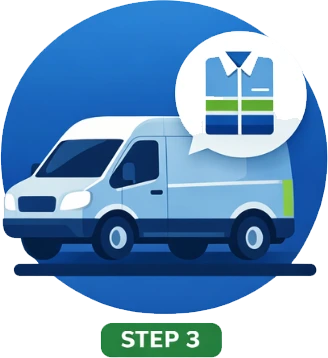 A delivery van with a speech bubble showing a folded shirt, symbolizing step 3 in a process.