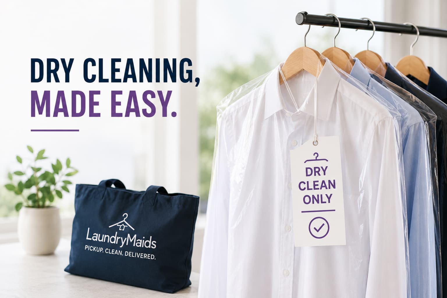 Dry cleaned shirts on hangers with a "Dry Clean Only" tag, next to a LaundryMaids branded bag on a table; text reads "Dry Cleaning, Made Easy.