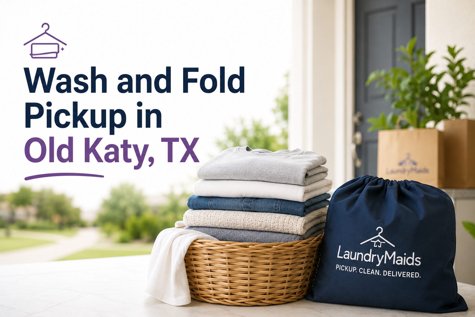 A basket of folded clothes and a LaundryMaids bag on a table, with text: "Wash and Fold Pickup in Old Katy, TX." A house entrance and delivery box are in the background.