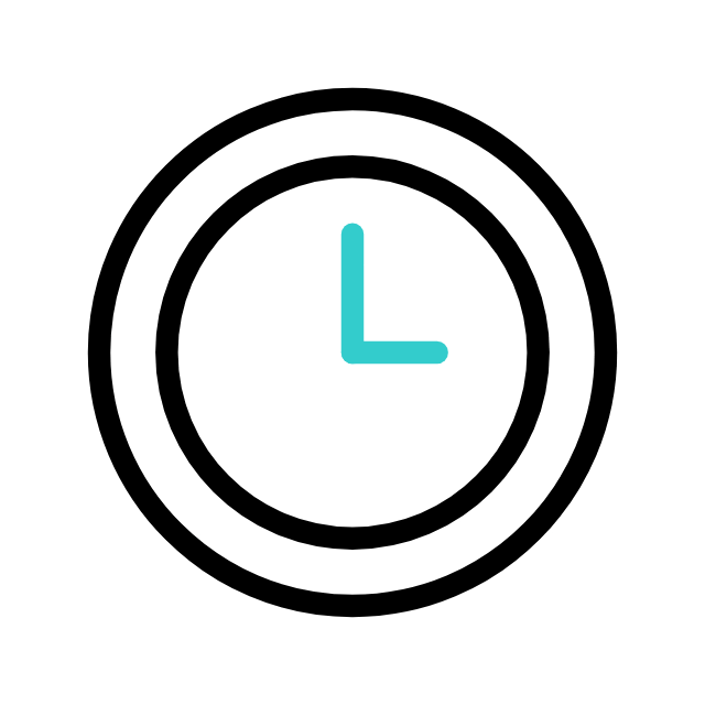 Simple line drawing of a clock showing the time as 3:00, with black circles and a blue hour and minute hand.