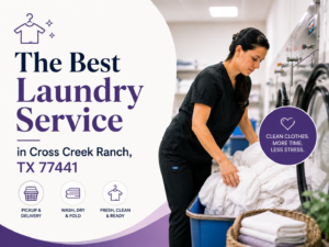 A woman in black scrubs loads white laundry into a washing machine at a laundromat. Text promotes laundry services in Cross Creek Ranch, TX 77441, with pickup, delivery, and wash options.