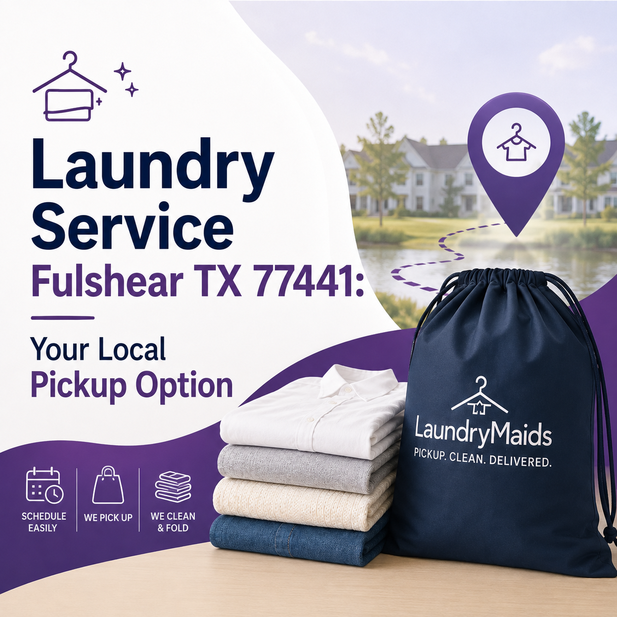 Stack of folded clothes and a LaundryMaids bag in front of a house with text promoting laundry service and pickup in Fulshear, TX 77441.
