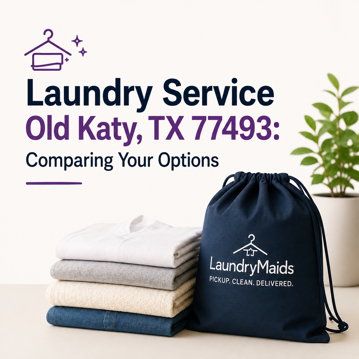 Stack of folded clothes and a LaundryMaids drawstring bag sit on a table, with text promoting convenient Pickup Laundry Service options and professional Laundry Service in Old Katy, TX 77493.