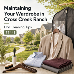A suit, shirts, and pants are neatly arranged with a lint roller and brushes on a table; garment bag and houses in background. Text reads “Maintaining Your Wardrobe in Cross Creek Ranch. Dry Cleaning Tips. 77441.”.