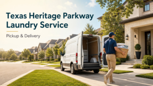 A delivery person carries a laundry basket from a white van toward a house in a suburban neighborhood. The van advertises Texas Heritage Parkway Laundry Service, ensuring prompt and reliable pickup and delivery for local residents.