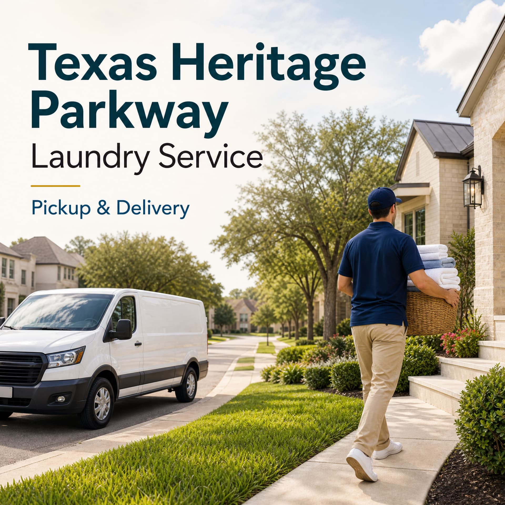 A delivery person carrying folded laundry walks toward a house as a white van, branded with Texas Heritage Parkway Laundry Service, is parked on the street. The image highlights convenient pickup and delivery from Texas Heritage Parkway Laundry Service.