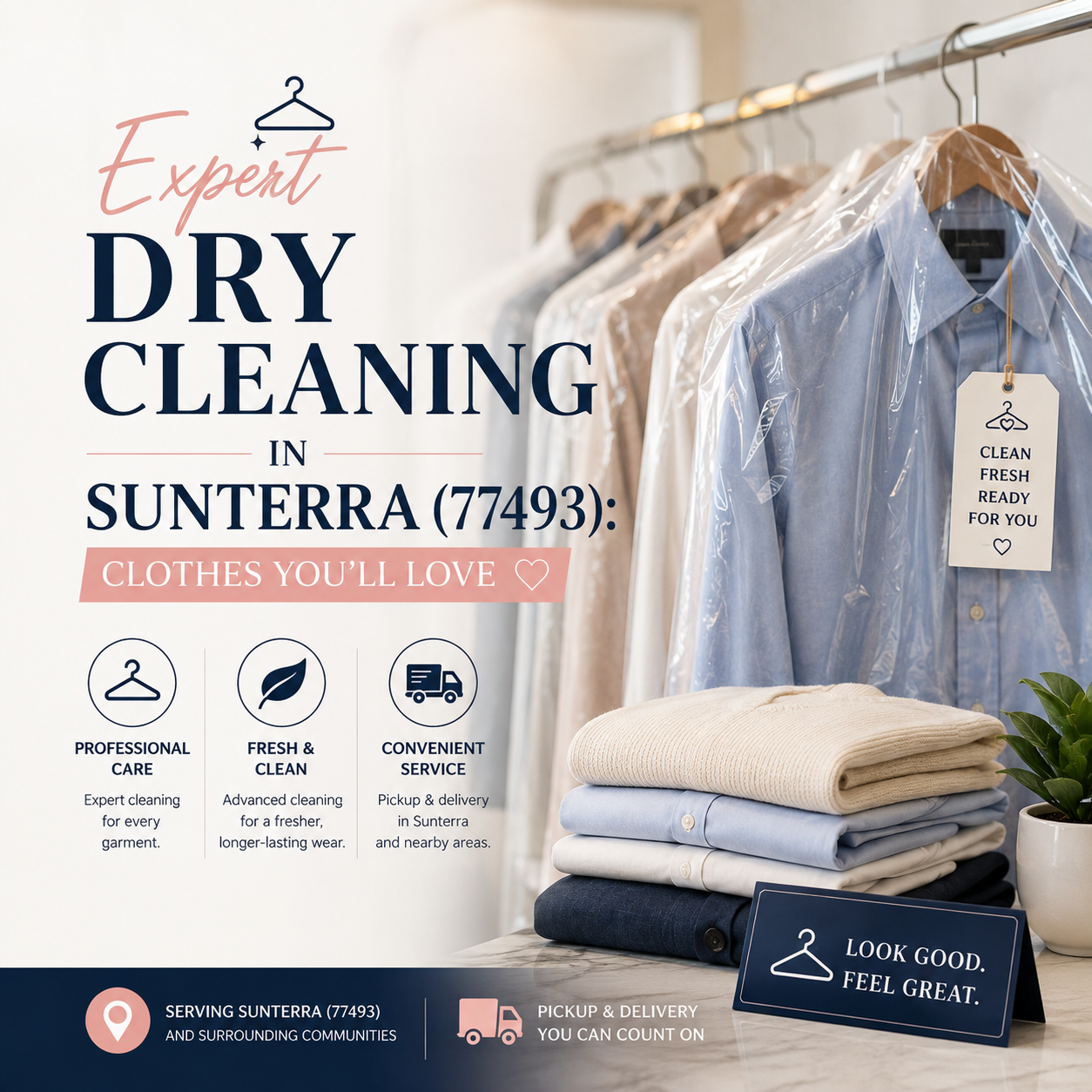 A dry cleaning advertisement shows stacked dress shirts, a rack of freshly cleaned clothes, and service icons, promoting expert care and delivery in Sunterra, 77493.