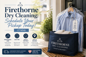A blue Firethorne Dry Cleaning bag sits on a bench beside hanging cleaned clothes; service icons and scheduling details appear in the foreground.