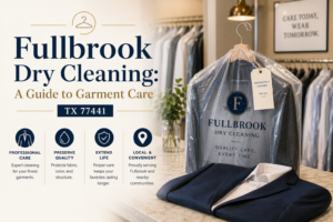 Fullbrook Dry Cleaning display with branded garment bag and suit on a counter; infographic lists services, including professional care and quality preservation.
