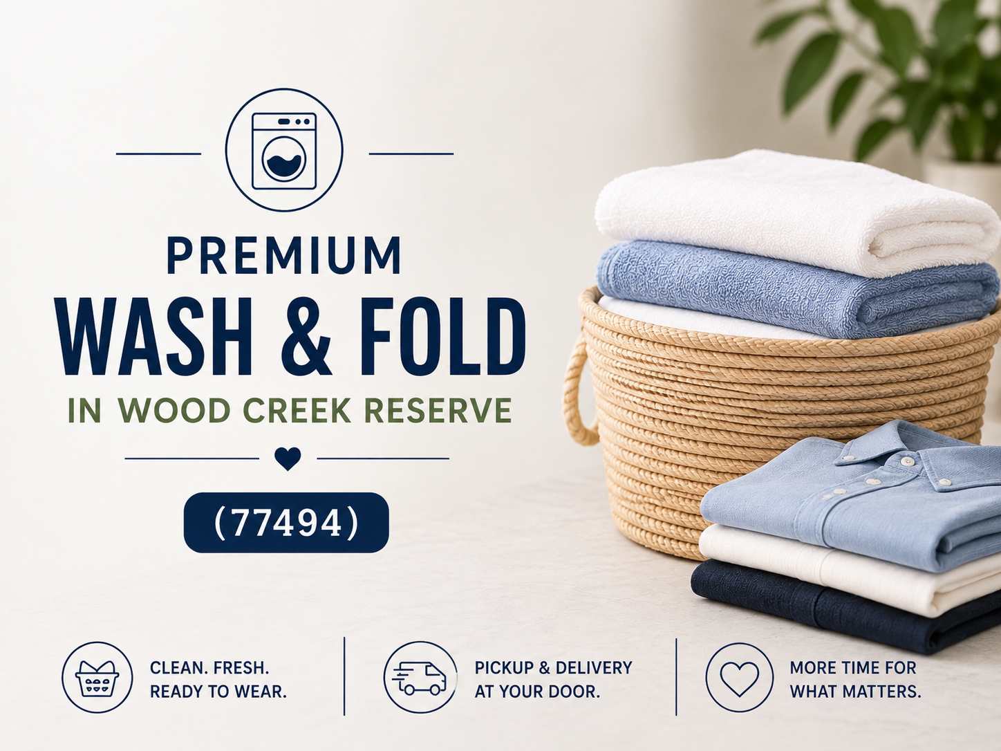Folded laundry and towels in a basket on a table, with promotional text for a premium wash and fold service in Wood Creek Reserve, ZIP code 77494.