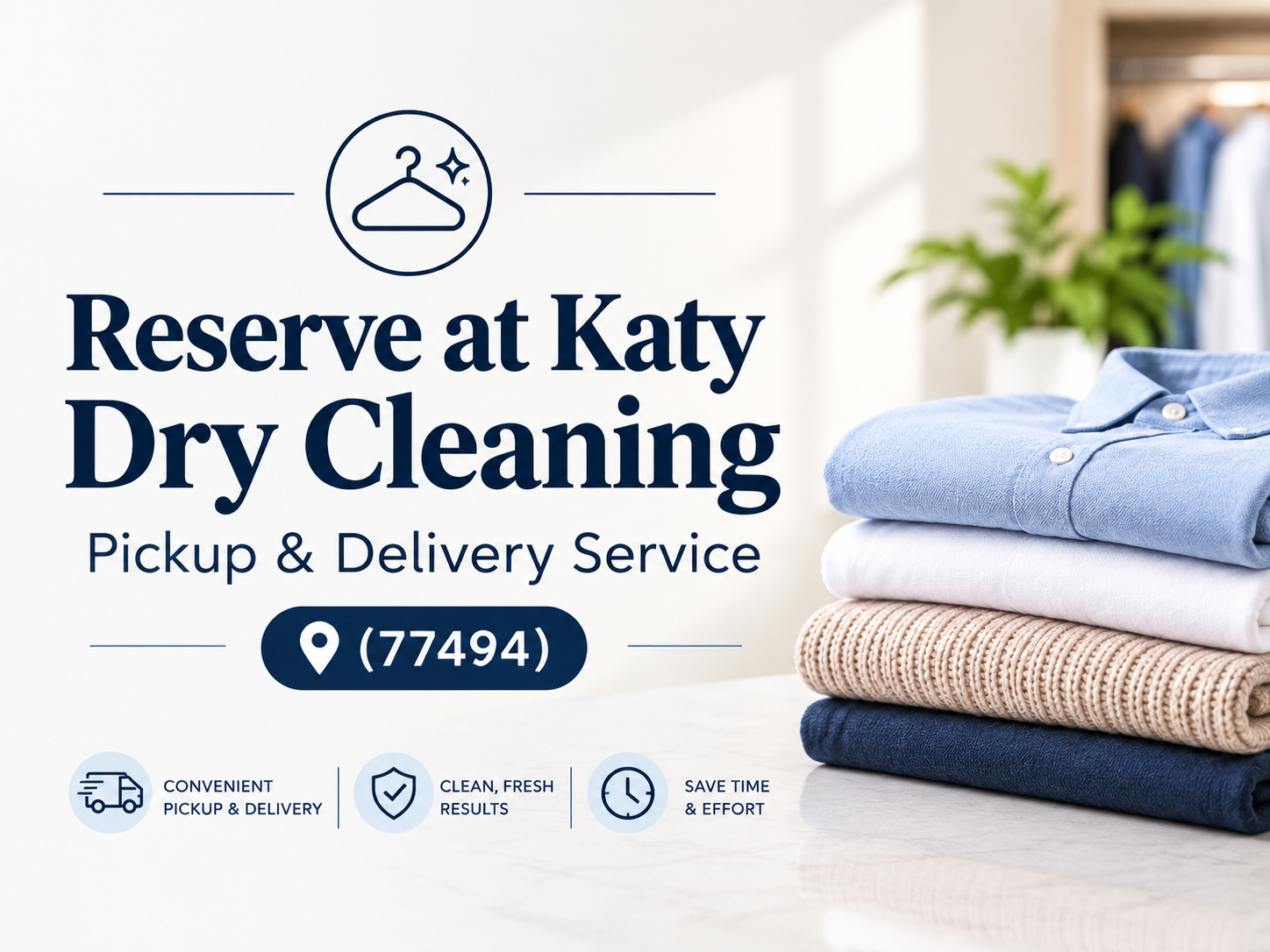 Folded shirts and sweaters stacked beside text promoting Katy Dry Cleaning&rsquo;s pickup and delivery service in zip code 77494, with Katy Dry Cleaning icons highlighting convenience, cleanliness, and time savings.