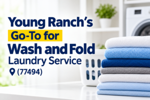 Stacked folded towels and a laundry basket in a pristine laundry room, with text advertising the trusted Young Ranch Wash and Fold Laundry Service in zip code 77494.