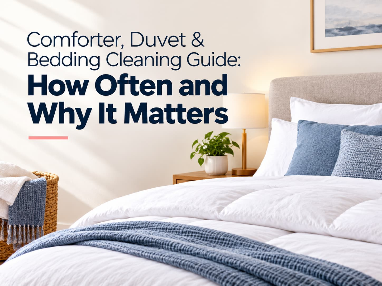 Text graphic titled &ldquo;Comforter, Duvet & Bedding Cleaning Guide: How Often and Why It Matters,&rdquo; showing a made bed with white and blue bedding.