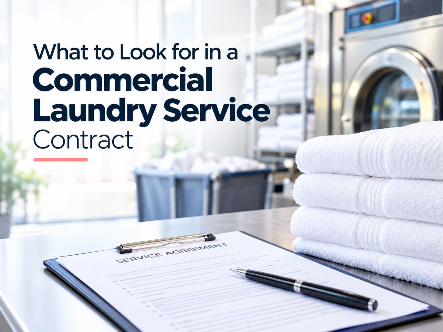 Text overlay reads &ldquo;What to Look for in a Commercial Laundry Service Contract&rdquo; above a service agreement form and a stack of folded white towels in a laundry facility.