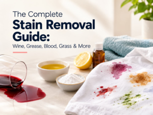 Title text: The Complete Stain Removal Guide. An image shows spilled wine, a white cloth with various stains, and cleaning agents including lemon, oil, and powder.